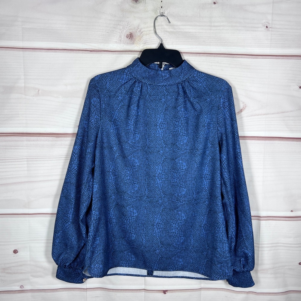 CK Bradley Blouse Women Small Blue Geometric Mock Neck Long Sleeve Top Classic